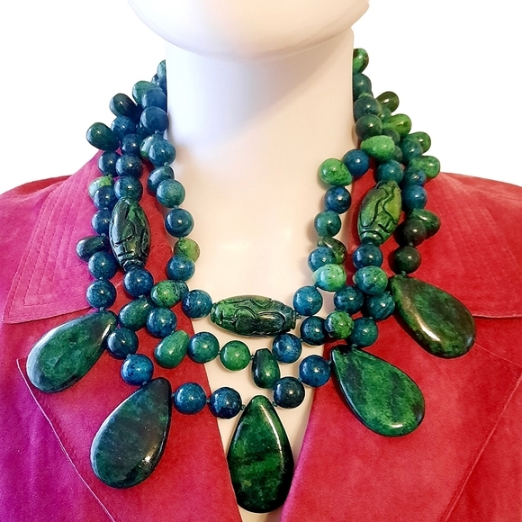 Azurite Malachite Chrysocolla Cabochon Tiered Beaded Statement Necklace - Picture 7 of 10